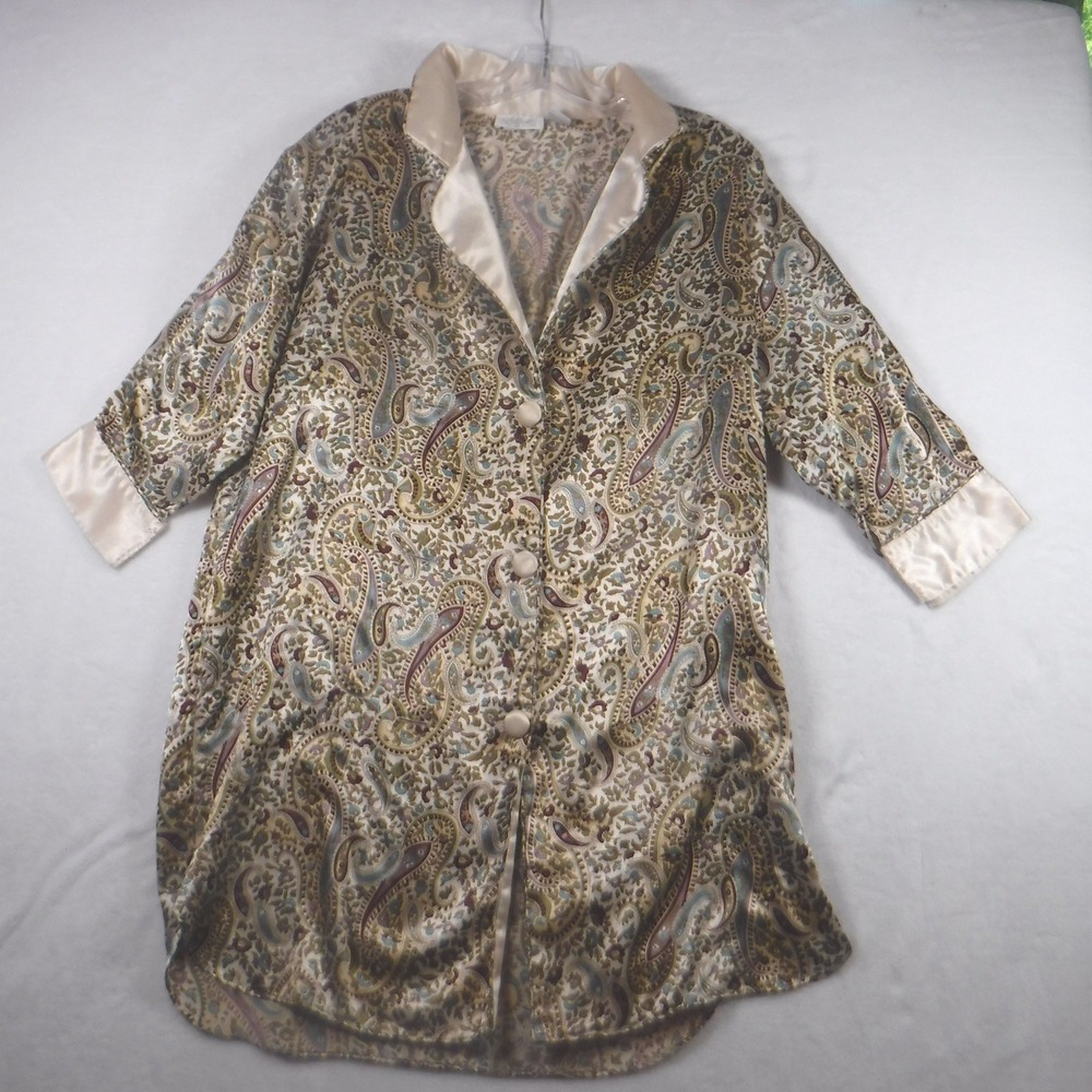 Vintage‎ Softly Paisley Satin Trim Sleep Shirt Nightgown Cream Gold Blue Large